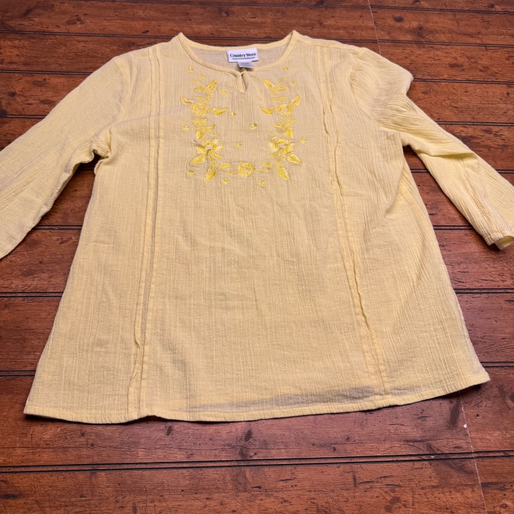 Country Store Yellow Floral‎ Embroidered Cotton Gauze Tunic Top Women's Medium